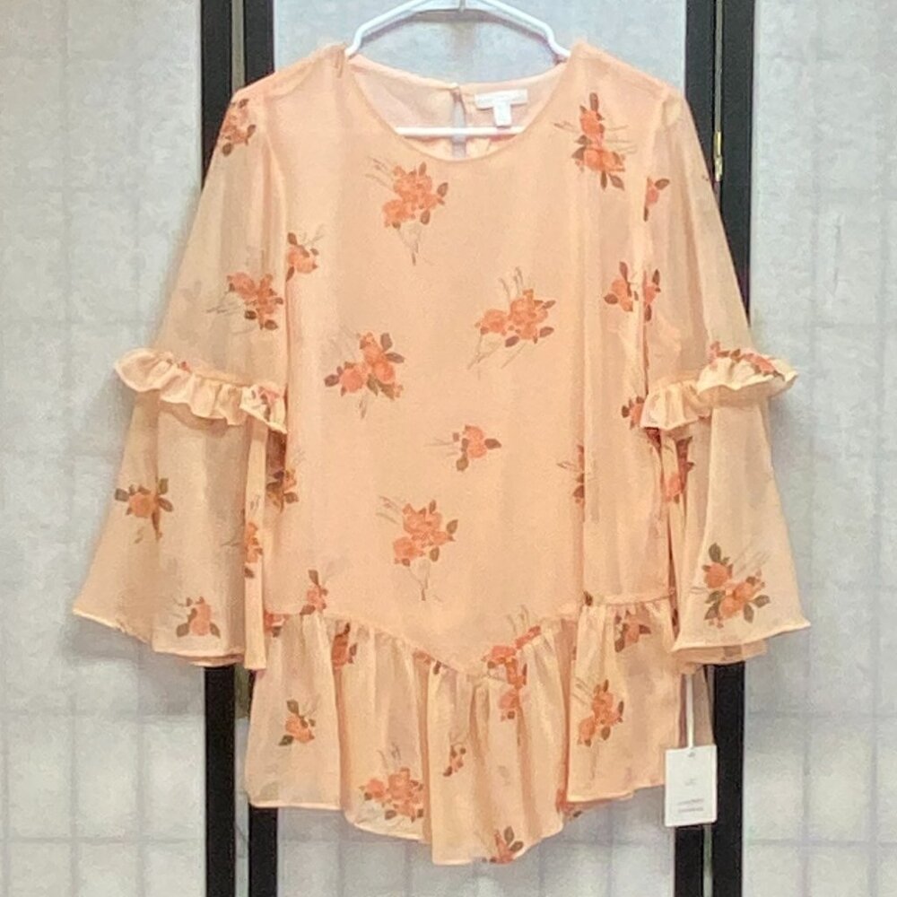 Lauren Conrad Scoop Neck Sheer Lined Ruffled V Peplum Bell Sleeve Blouse Peach L